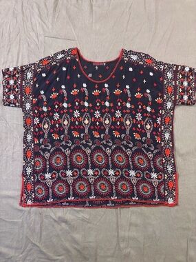 Johnny Was Black Tunic with Red and White Floral Embroidery